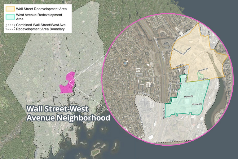 Map of Norwalk with inset of Wall Street-West Avenue Neighborhood