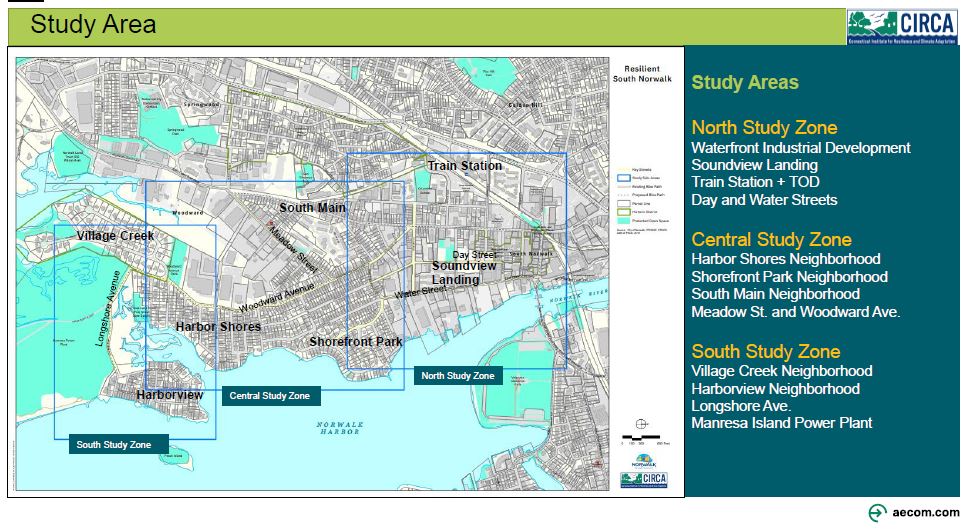 The plan will focus on three zones in South Norwalk, identified on the map above as North, Central and South. Within those zones the study will look at the following