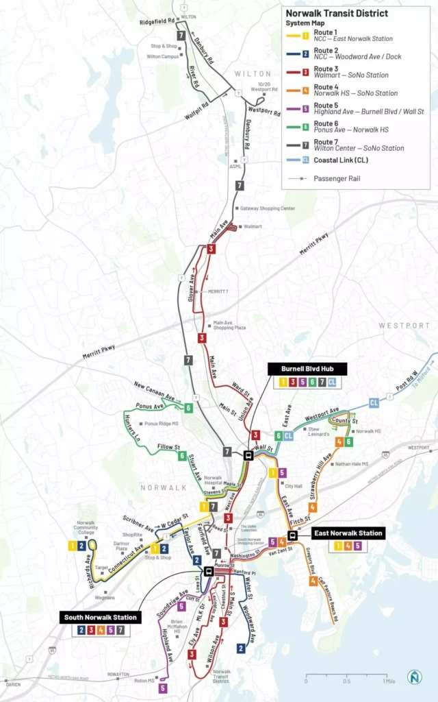 Map of Norwalk, CT’s transit district, including train stops and bus routes.